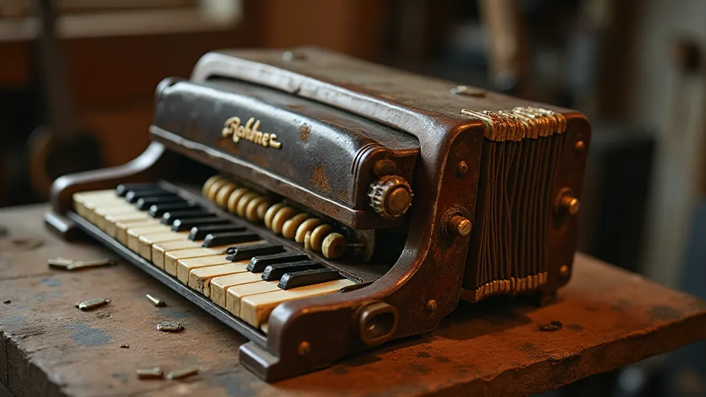 Antique accordion in a workshop