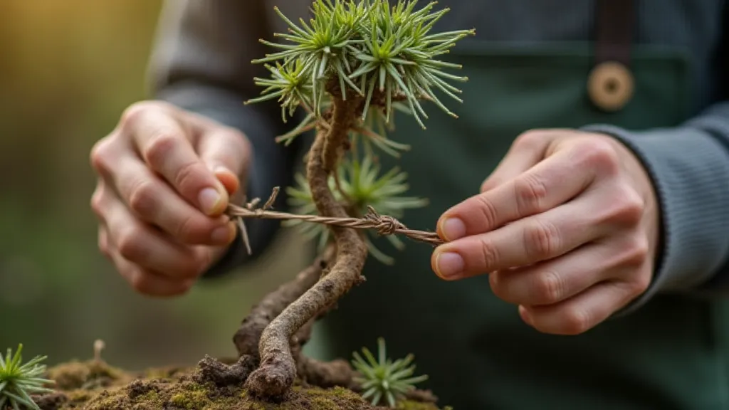 Hands wiring a juniper bonsai branch
