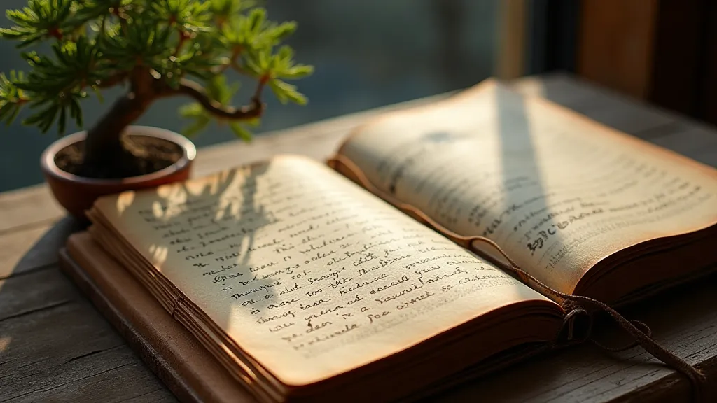 Journal and bonsai scene representing creative pursuit