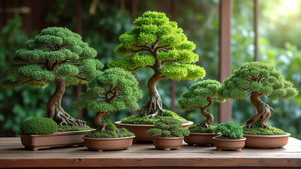A collection of various juniper bonsai
