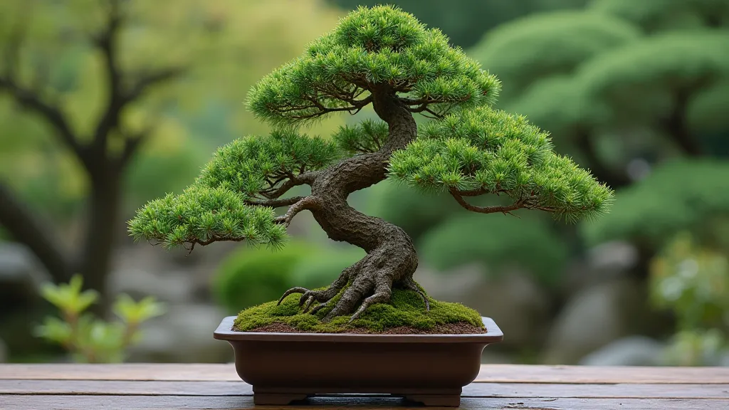 Juniper bonsai in a Japanese garden setting