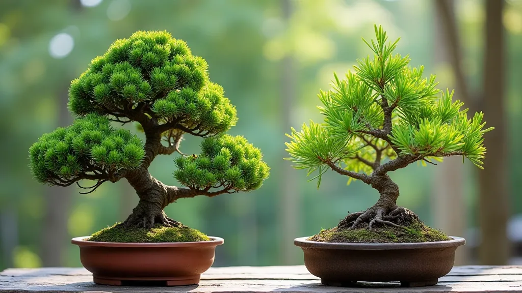 Comparison of a mature and freshly repotted juniper bonsai