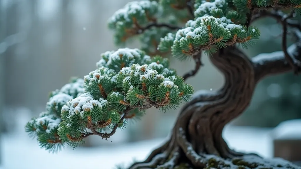 Juniper bonsai covered in snow