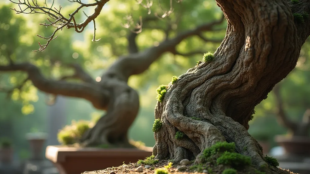 Close-up of juniper bonsai trunk with wiring