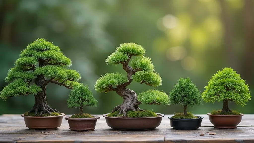 Variety of juniper bonsai displayed together
