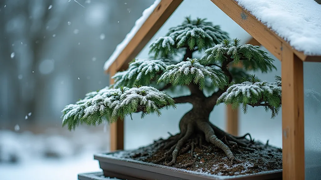 Juniper bonsai protected by a cold frame during winter.