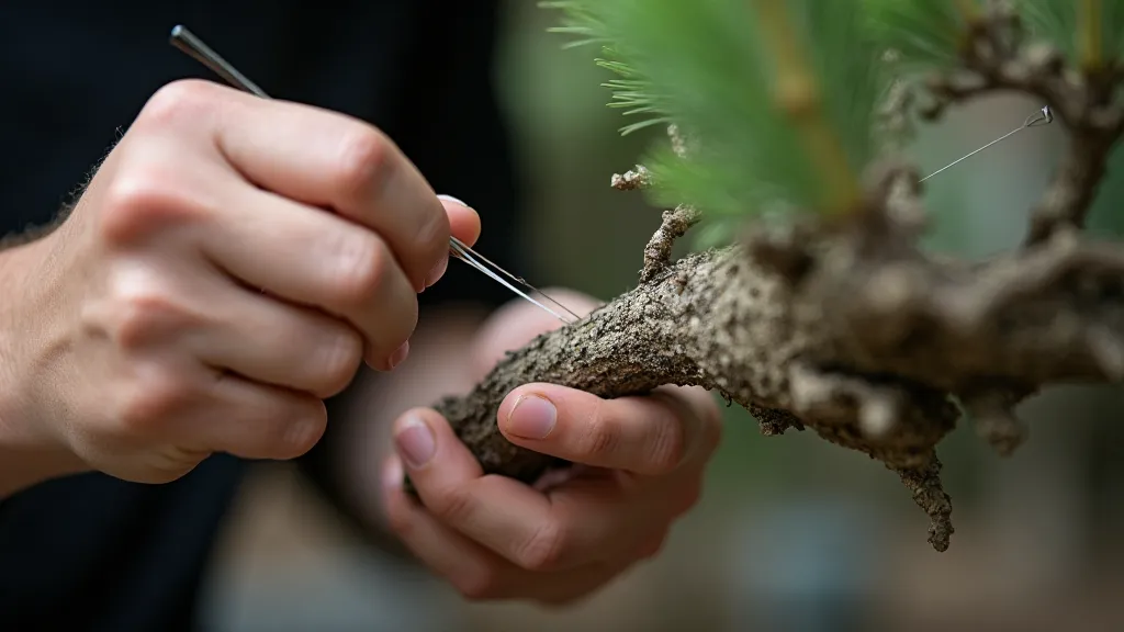 Bonsai artist wiring a juniper branch