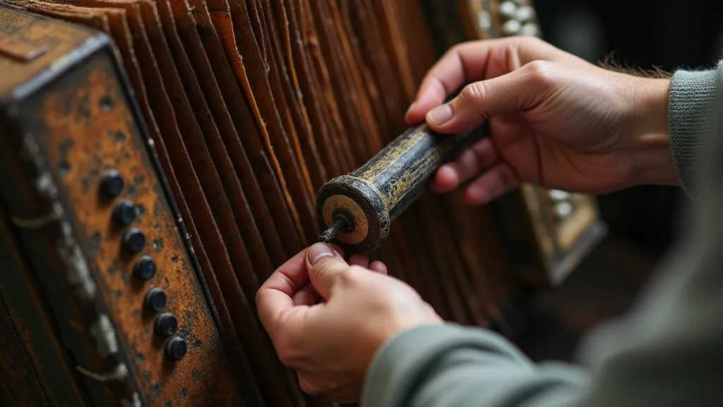 Accordion repairman inspecting a reed.