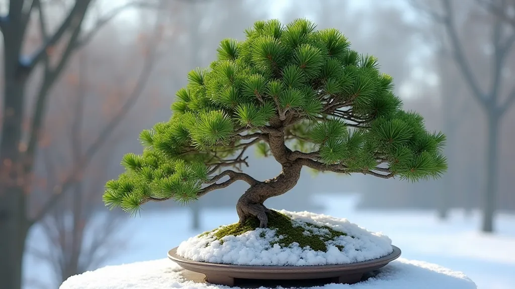 Juniper bonsai in winter snow