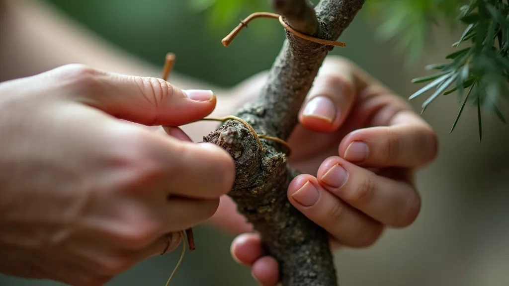 Hands wiring a juniper bonsai branch